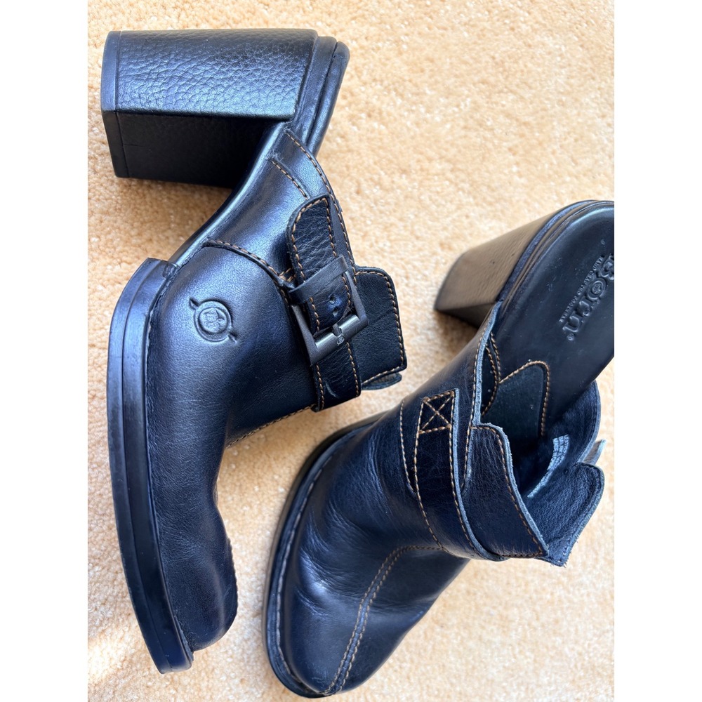 Born Black Leather Block Heel Mules Buckle Strap Clogs Whimsy Boho Womens 7 38
